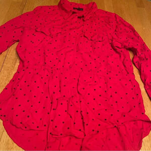 Alison Andrew’s red with black polka dots 100% rayon blouse, size Large